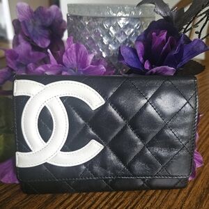 CHANEL Cambon Black Quilted Flap Wallet with White CC logo